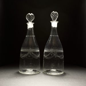 18th Century Georgian Matching Pair Engraved Mallet Glass Decanters
